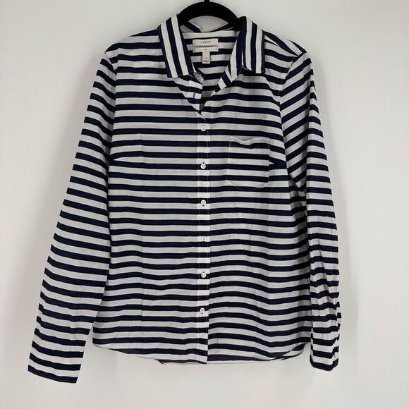 J. Crew Women's Striped Long Sleeve Boy Button-Down Shirt Blue White Size 8 - Picture 2 of 9